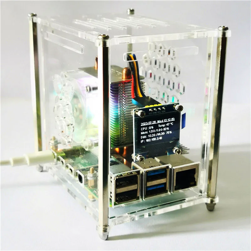 Raspberry Pi 4 Modell B PWM ICE Tower RGB-Lüfter, Kupferrohrkühler mit transparentem Acrylgehäuse