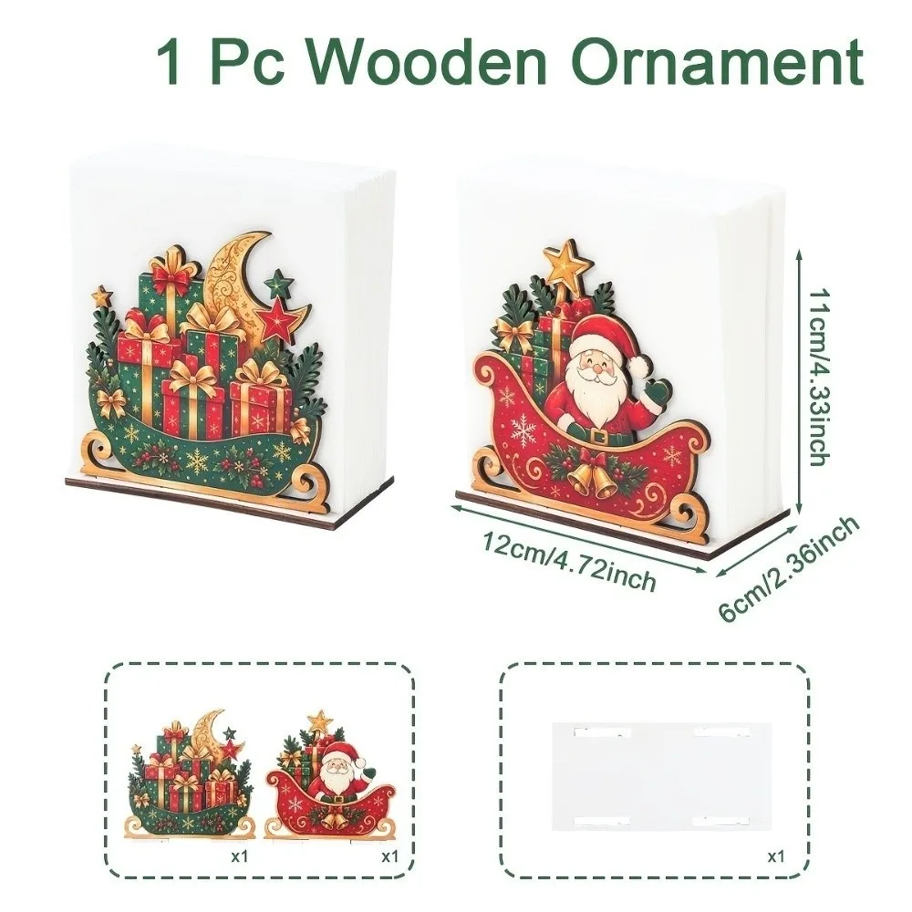 Wooden Santa Tissue Box Gift Pattern Red and Green Wooden Napkin Holder Christmas Theme Sleigh Christmas Napkin Organizer