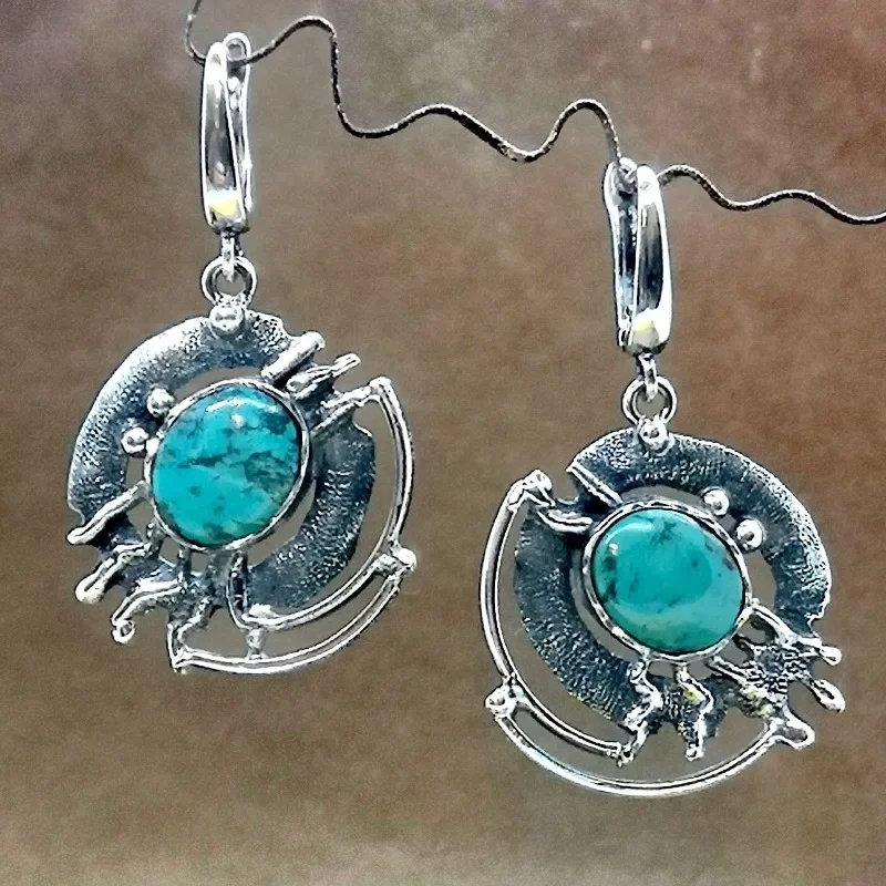 Bohemian Style Vintage Silver Color Women's Earrings Ethnic Pattern Carving Design Inlay Imitation Turquoise Pendant Earrings