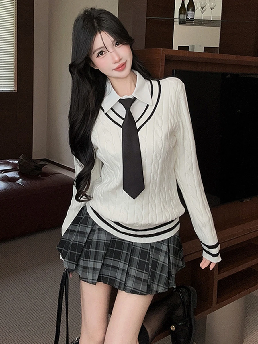Korean College Style Color Block  Loose Knitted Long Sleeve Shirt High Waist Plaid  Skirt Set Women's Fashion Ensemble