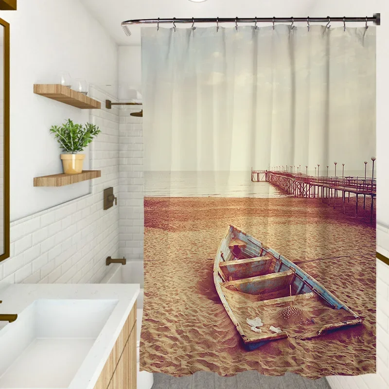 Nautical Lighthouse Shower Curtain Beach Coastal Sunset Sail Boat Retro Scenery Bathroom Decor Bath Curtain with Hooks