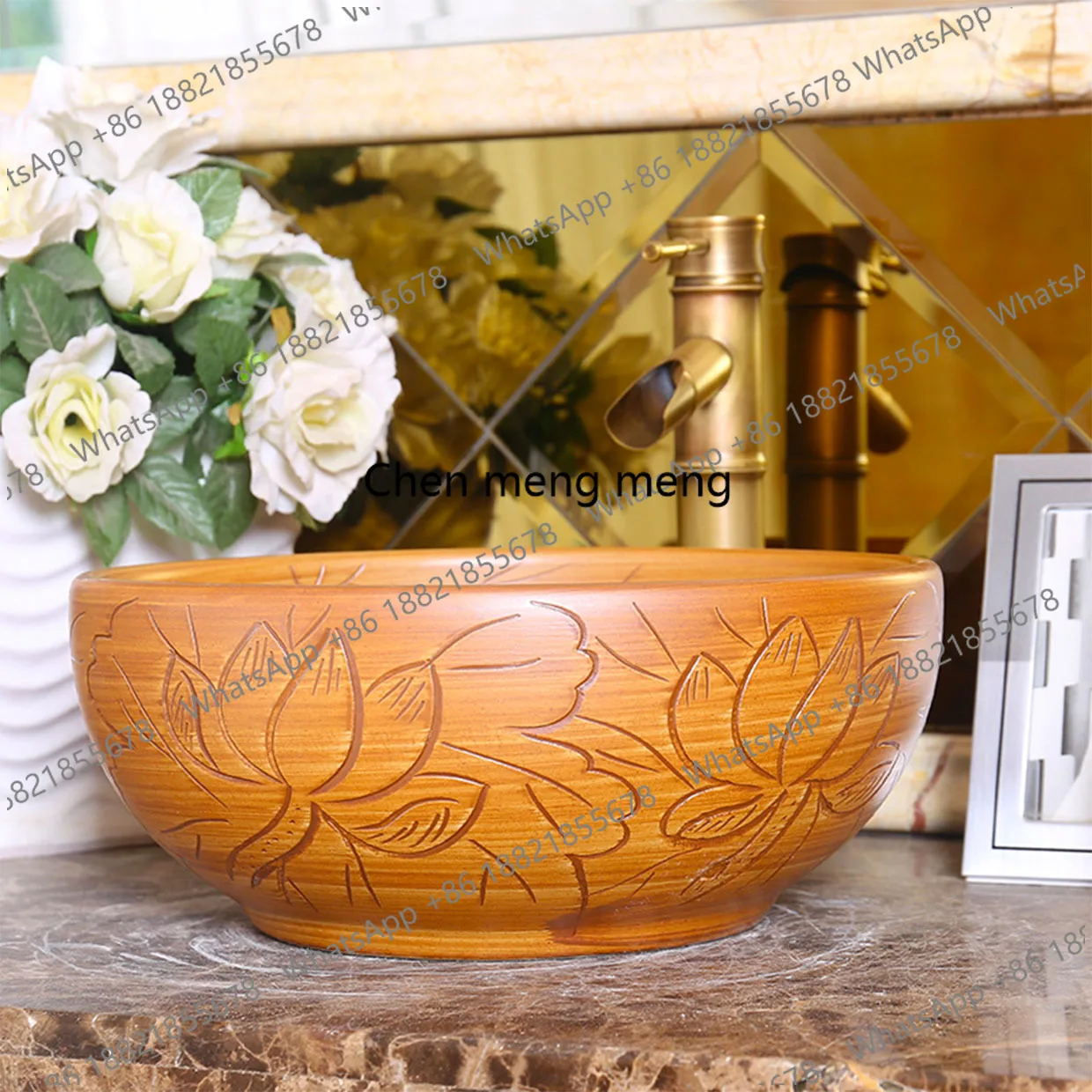Ceramic Lotus Carving Bowl Basin Art Table Basin Countertop Washbasin Hotel Single Basin Bathroom Sink