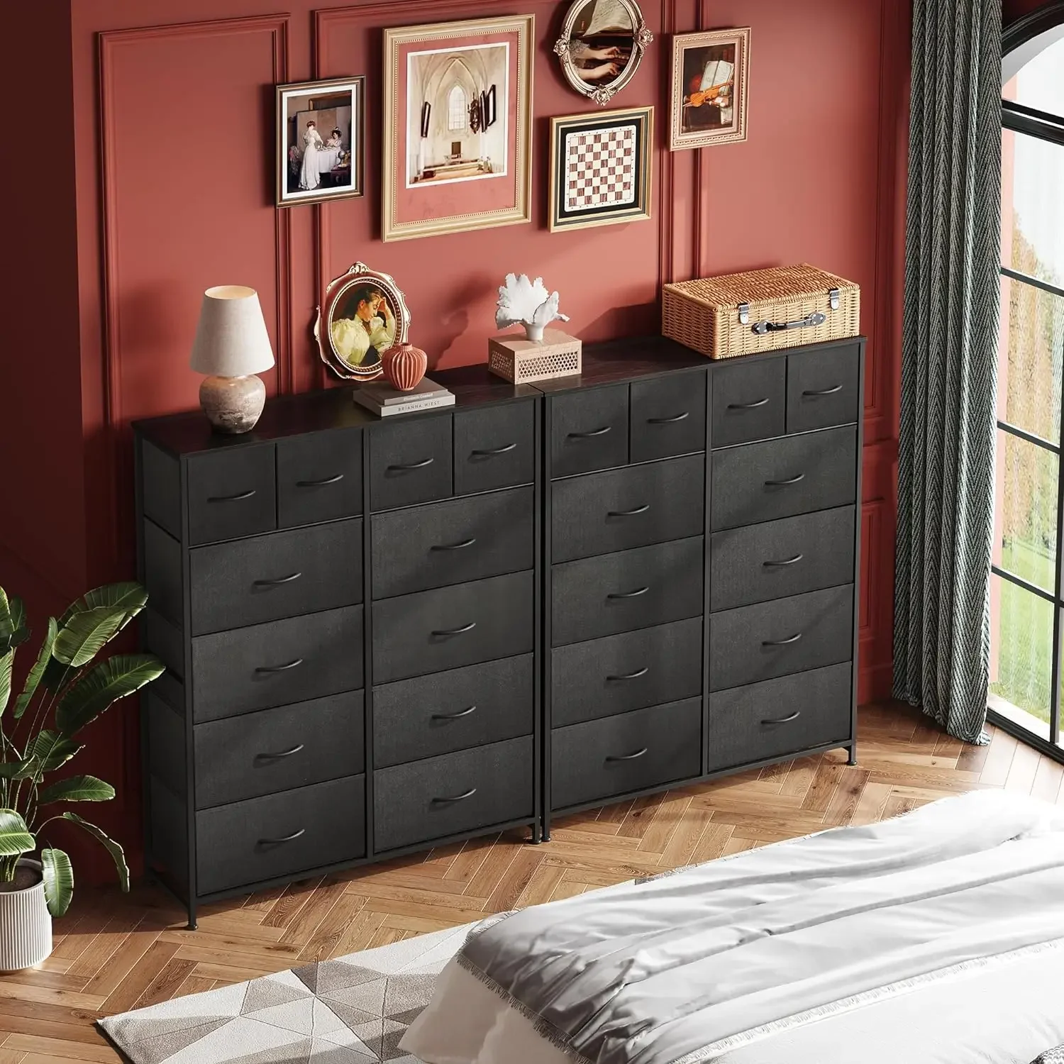 Tall 12-Drawer Fabric Dresser - Steel Frame, Wood Top, Charcoal Black - For Bedroom Closet Storage