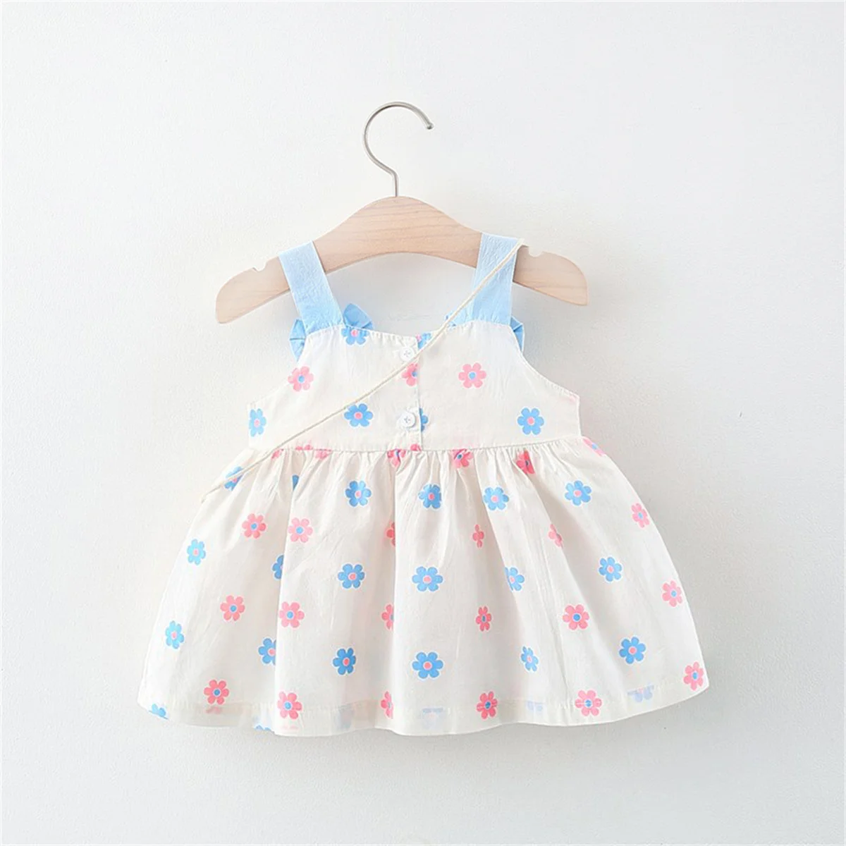Summer Girls' Dress New 2 Pieces/Set Free Cute Bag Fresh Flower Bow Strap Daily Knee Length Cotton Comfortable Dress