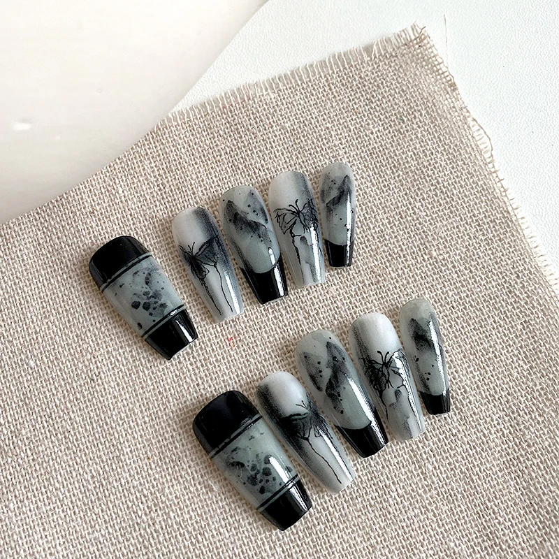 10 pièces d'ongles en forme de cercueil faits à la main, beaux faux ongles, nail art de style chinois, papillon à l'encre adapté aux femmes à utiliser