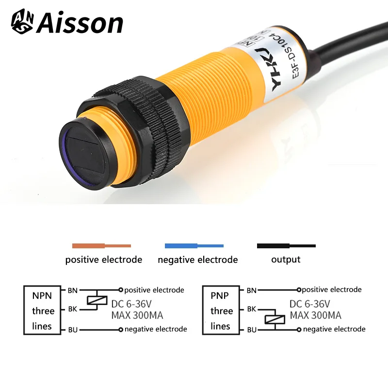 E3F-DS10C4/C2/P1/P2/Y1/Y2 Photoelectric Proximity Sensor Switch 10cm Sensing Distance Adjustable 6-36VDC NPN/PNP NO/NC Output