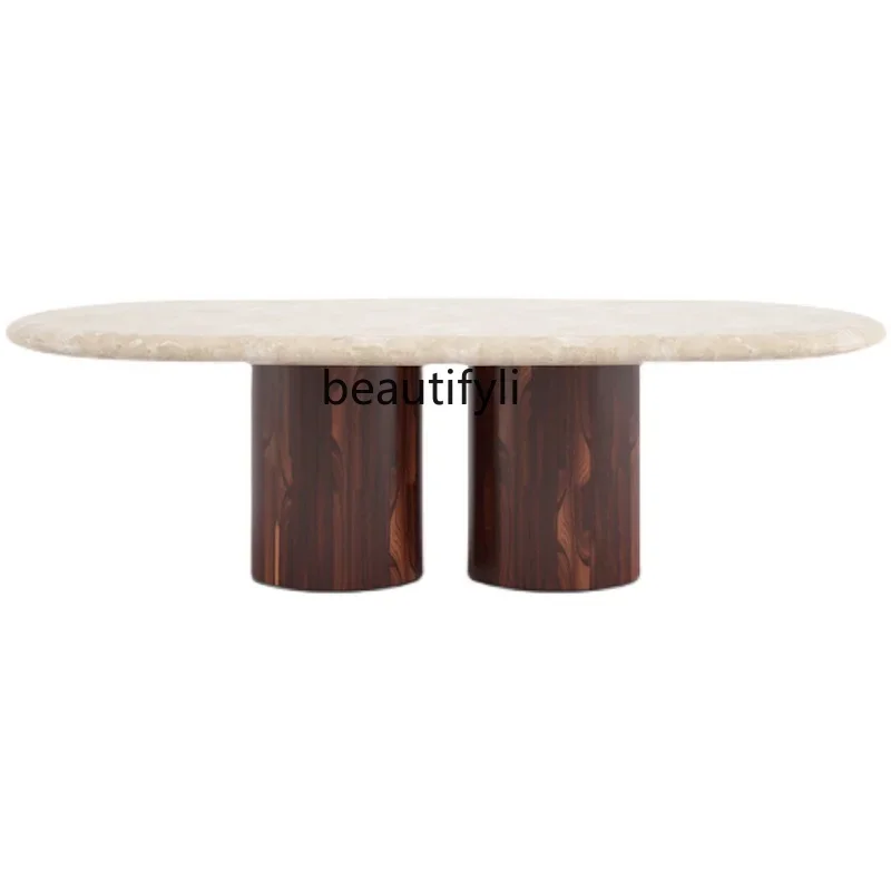 Wabi Sansan Natural Marble Travertine Coffee Table Long Table Designer Solid Wood Legs Medieval Coffee Table