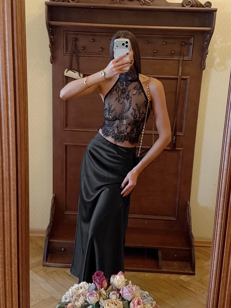 Black Lace See Through Top Set Women's Sexy Off-shoulder Halter Tops Satin Long Skirt Sets 2026 Lady Banquet Club Outfits view 4