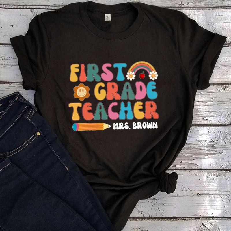 Personalized First Grade Teacher Shirt Retro 1st Grade Teacher Shirt Back To School First Day of School Rainbow Teacher Gift