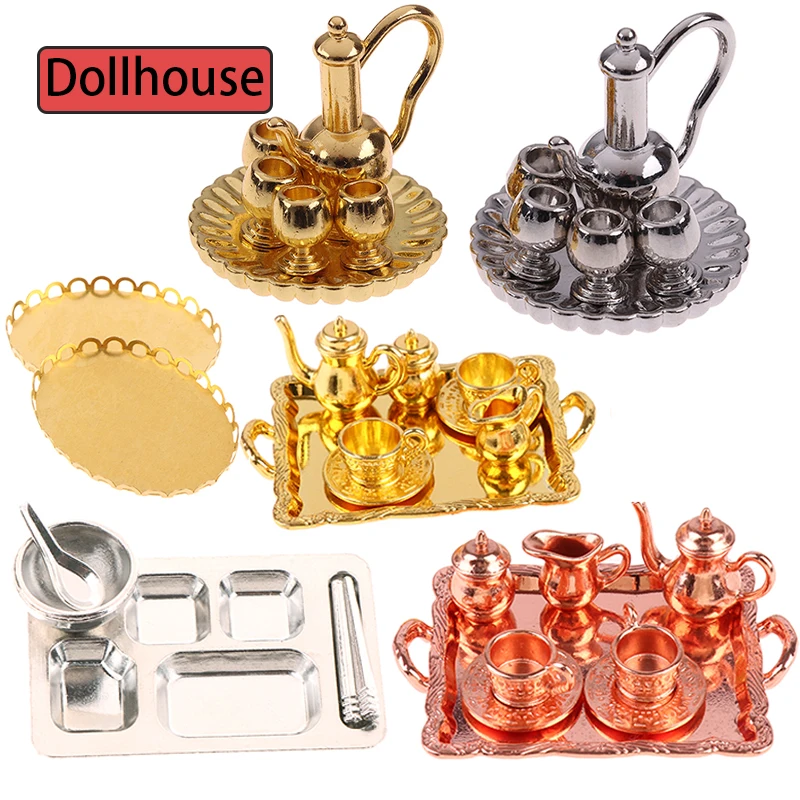 1Set 1: 12 Dollhouse Miniature Furniture Accessories Dining Ware Metal Tea Cup Plate Model Set For Doll House Decor Pretend Toy
