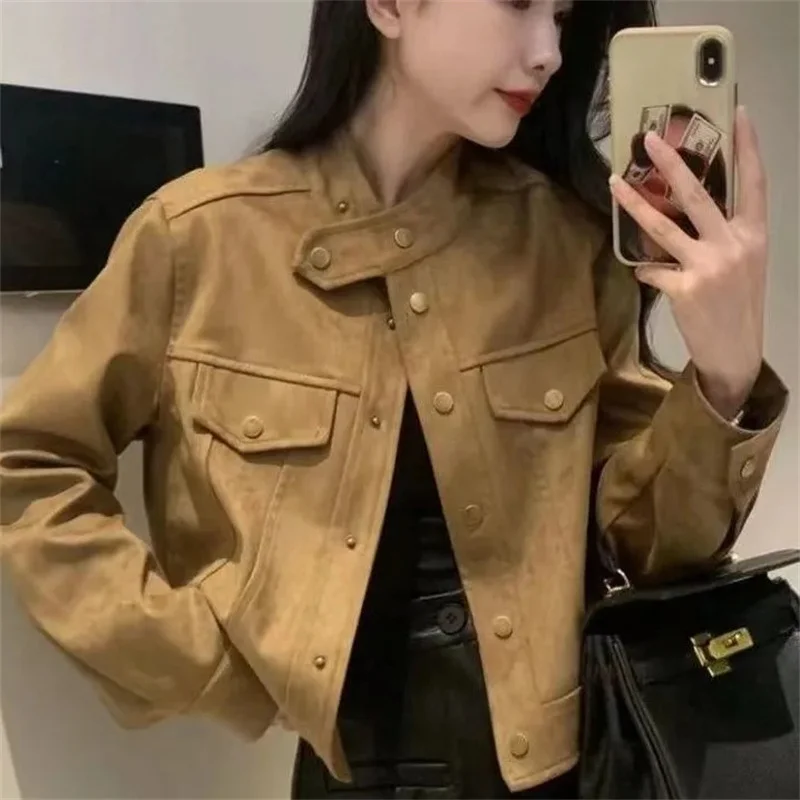 Autumn Winter Female Deer Skin Velvet Jacket Korean Women Stand Collar Long Sleeved Leather Velvet Coat Lady Solid Color Outwear