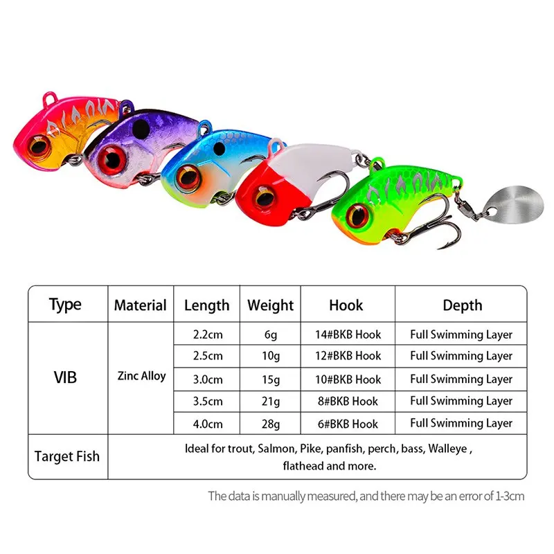 New Arrival 5PCS 6g Metal VIB Wobbler Fishing Lure Tail Spinner Sinking Rotating Spoon Pin Crankbait Sequins Bait Fishing Tackle