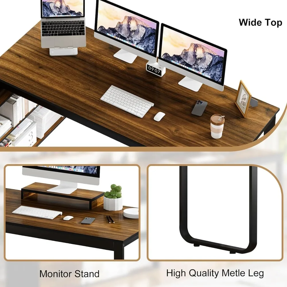 55 Inch L Shaped with Storage Shelves, Corner Computer Desk with Drawers, Home Office Desk with Removable Monitor Stand,