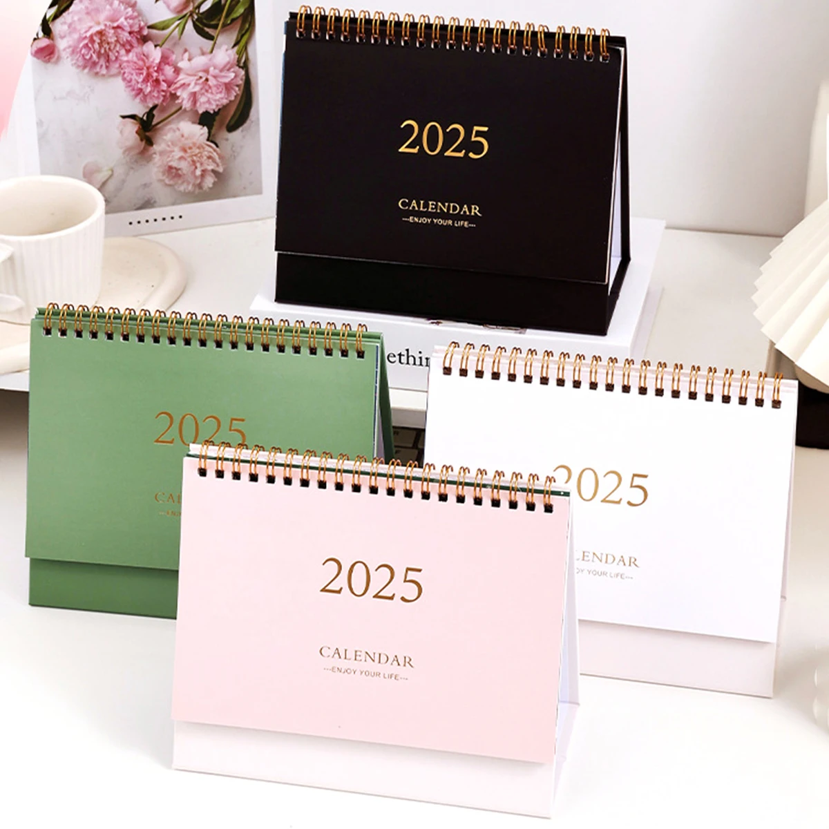 1 Pc Solid Color Medium 2025 Desk Calendar - Durable Metal Ring Binding Nature Landscape Pattern Inner Page Office Desk Memo