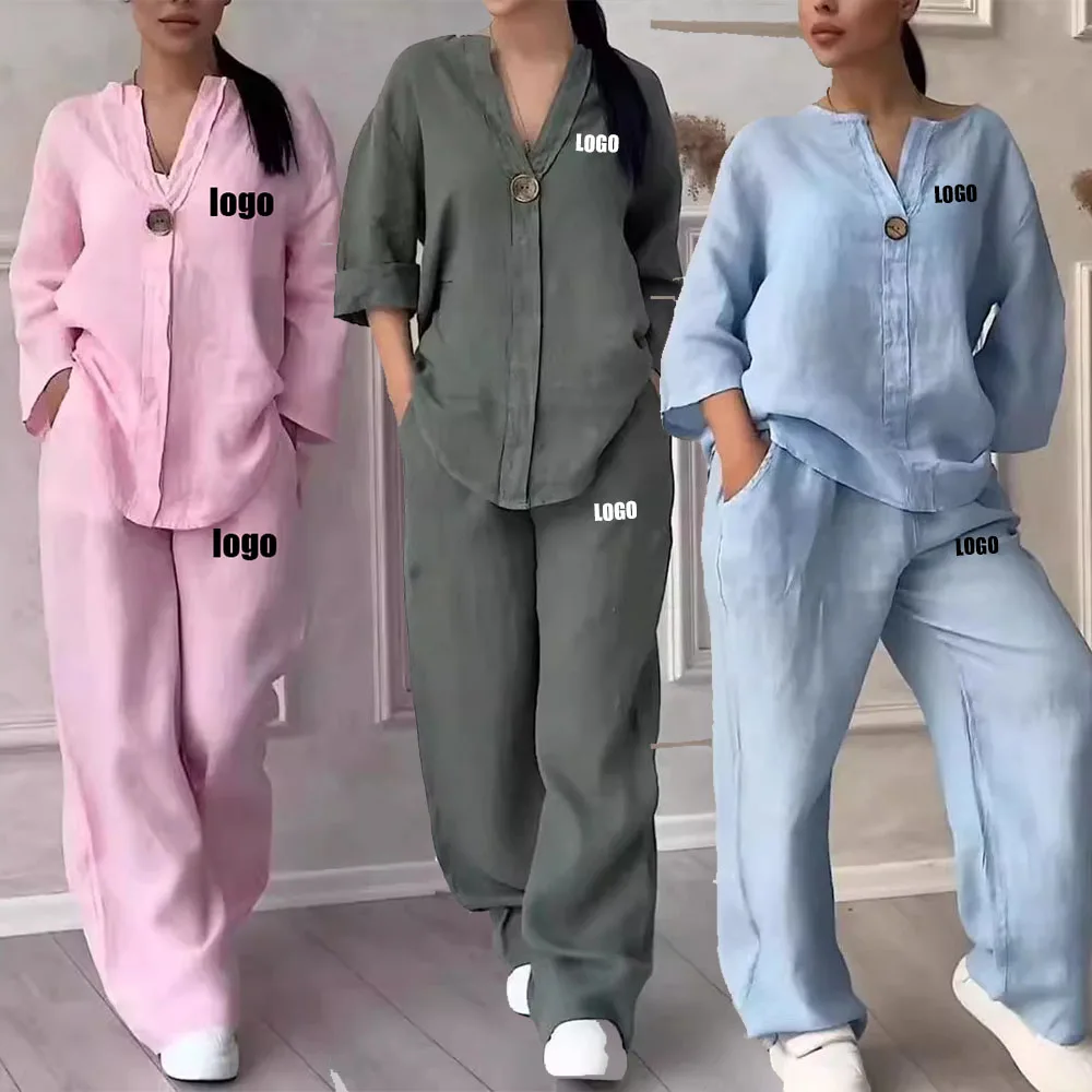 

Женская мода с индивидуальным логотипом, удобный свободный топ на пуговицах, широкие брюки, повседневный комплект из двух предметов