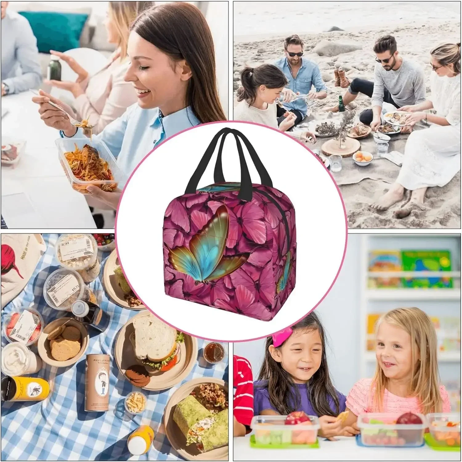 Bolsa de almuerzo con aislamiento de mariposa de colores rosas, bolsas de almuerzo portátiles para niñas y mujeres, fiambrera reutilizable a prueba de fugas, Picnic, viaje, trabajo