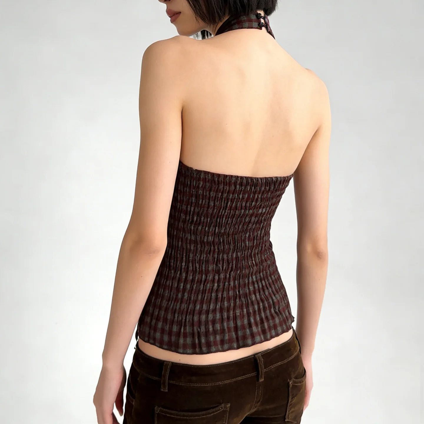 French vintage halter tank top women clothing elegant plaids checkered bow patch sleeveless crop top backless camis streetwear