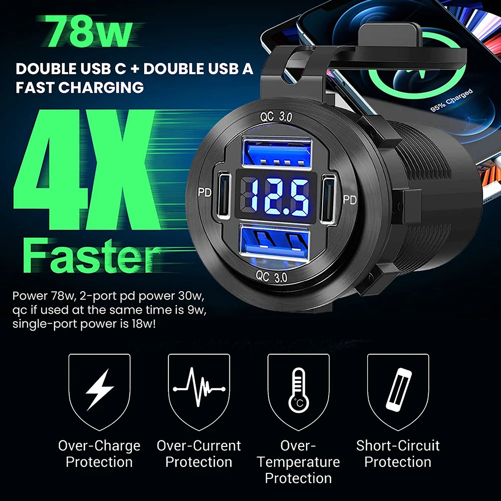 

Quick Charger Aluminum QC3.0 Dual USB Car Charger with Switch Button LED Voltage Display for 12V/24V Cars Boats Motorcycle