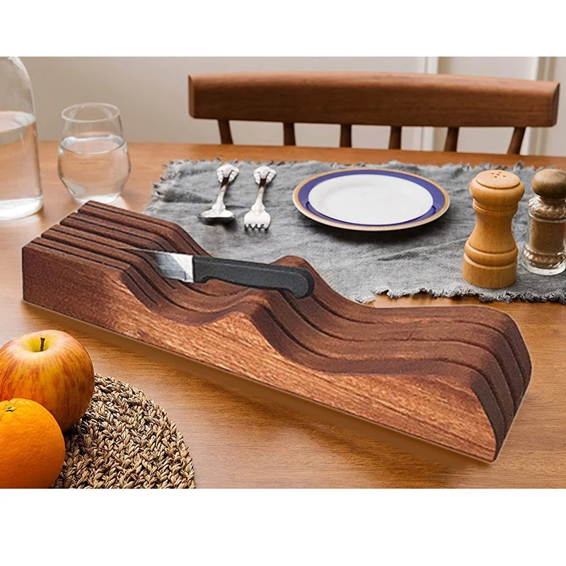 Ebony Wooden Knife Block Holder, In-Drawer Knife Drawer Organizer Knife Storage Rack Perfect For Home And Chefs