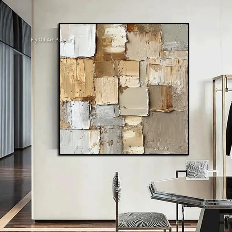 Geometric Block Impasto Canvas Artwork, Handmade Rustic Brown White Abstract Oil Art for Living Room