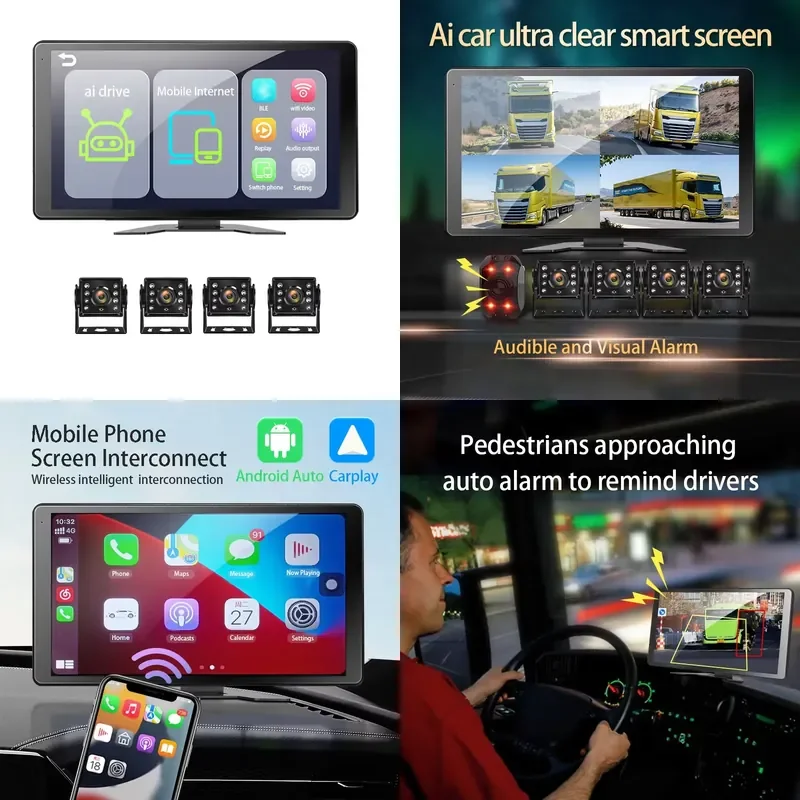 10.1 Inch 4CH Touch Screen BSD System AI Active Blind Spot Car Detection Truck DVR BSD System Support IOS Android Auto