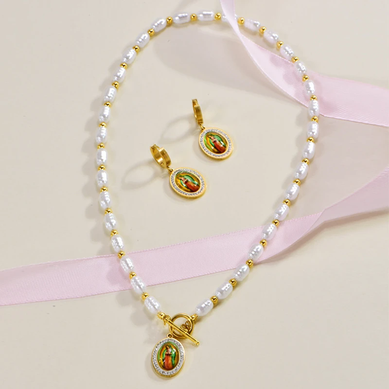 여성용 진주 하트 임베드 지르콘 버진 메리 참 체인 초커 목걸이 귀걸이, 316L 스테인레스 스틸, 새로운 패션 파인 주얼리