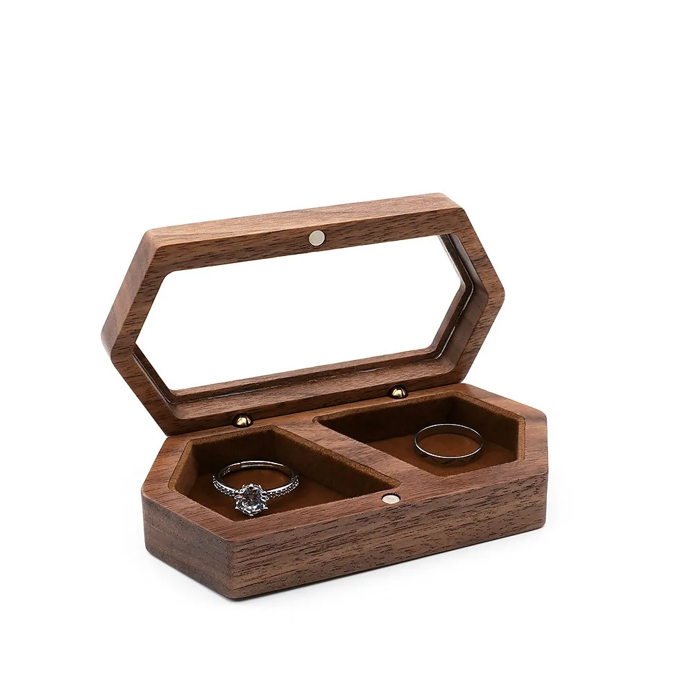 

Portable Velvet Mini Wood Rings Box Luxury Square Rings Display Case Wedding Dust-proof Jewelry Organizer Couple