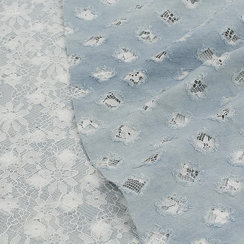 Tessuto Jeans con fori rotti lato posteriore pizzo incollaggio tessuti moda creativo fai da te cucito cappotto Blazer vestito artigianato Telas