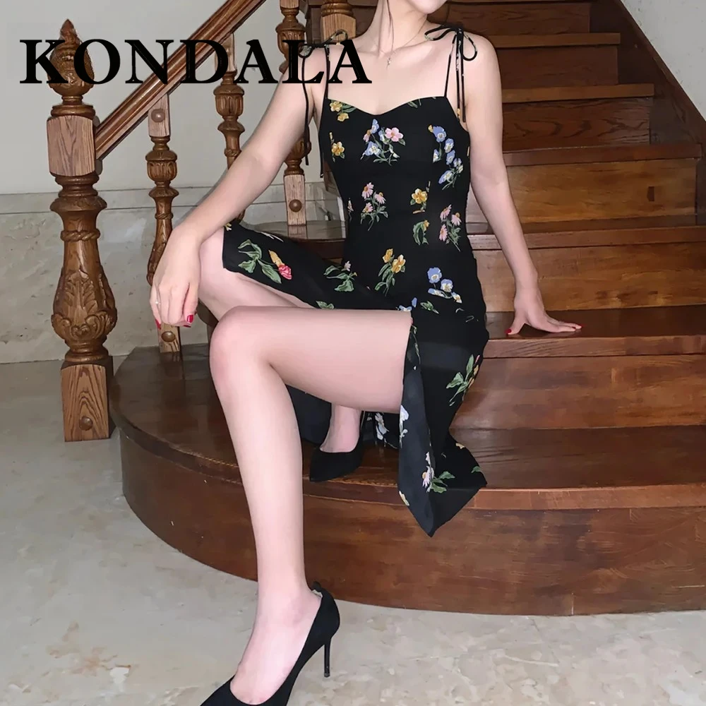 KONDALA Chic Print Floral Women Dress Cami Asymmetrical Sexy Beach Split Midi Dress Slim Fashion 2025 Summer Female Sexy Vestido