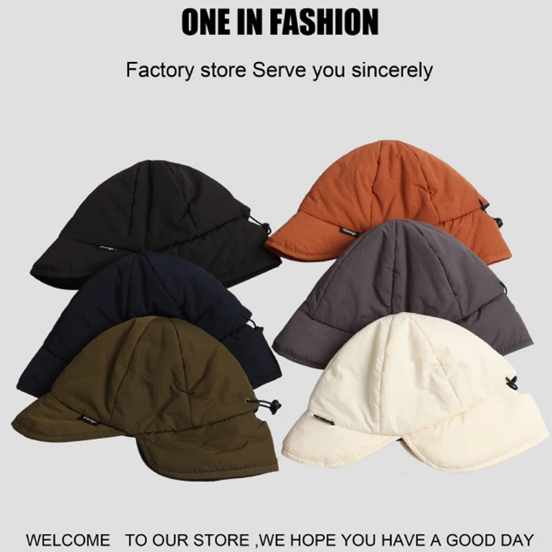 Japanese Retro Padded Ear Bomber Hat Autumn and Winter Fashion Warm Simple Solid Color Outdoor Ski Flying Hats for Men and Women