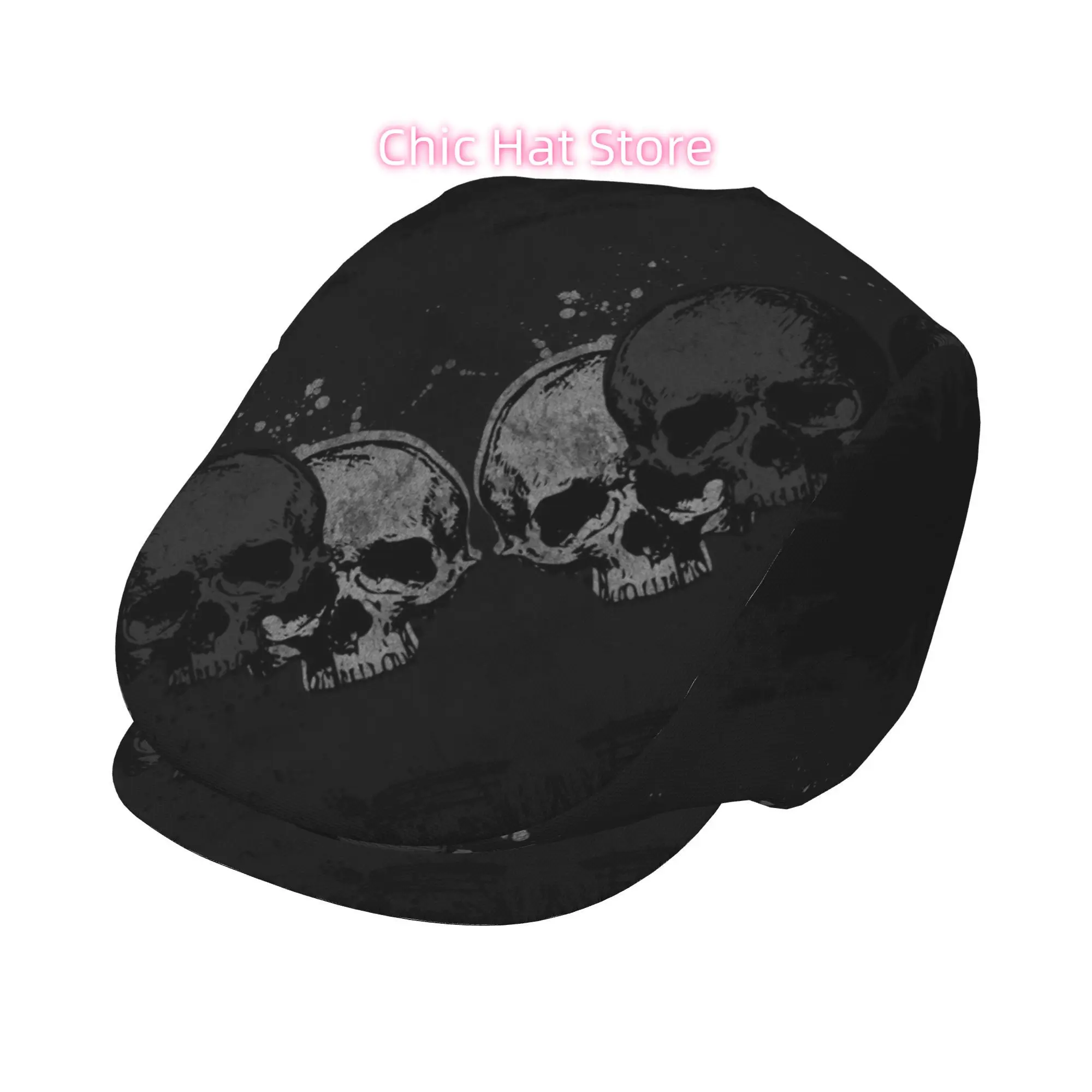 1pc Weathered Skulls Dark Background All-Over Print Flat-Top Hats for Men And Women, Newsboy Caps, Berets, Irish Hats, Driver Ca