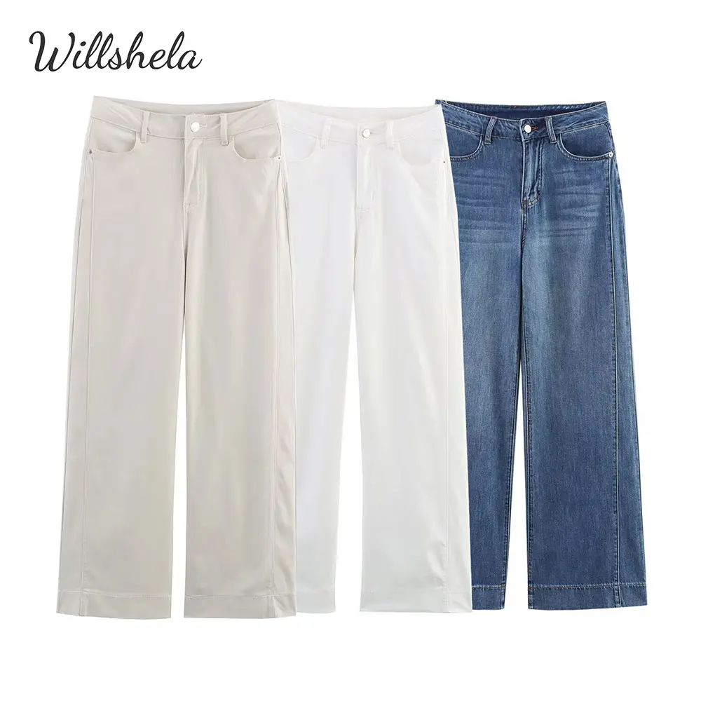 Willshela Damskie Modne Bawełniane Proste Szerokie Jeansy Denimowe Spodnie Długie Casual Eleganckie Damskie Długie Spodnie