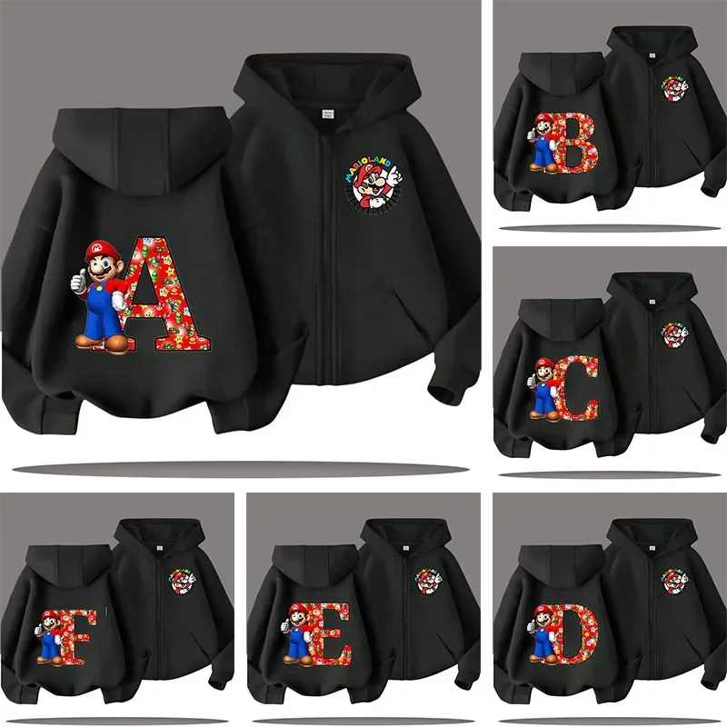 

Letter A-Z 2026 new boys' sportswear with Mario zippers, children's hooded sweatshirt with cartoon prints,girls' casual top,coat