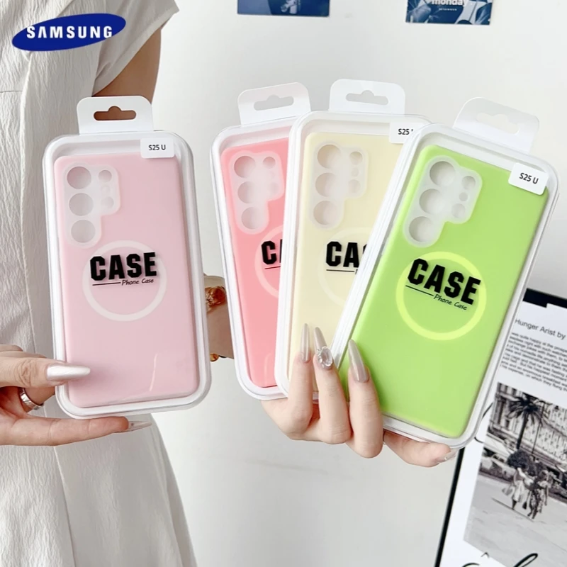 حافظة مغناطيسية فاخرة من السيليكون السائل غير اللامع لهاتف سامسونج جالاكسي S25 S23 S24 Ultra Plus FE لغطاء ممتص الصدمات Magsafe مع صندوق