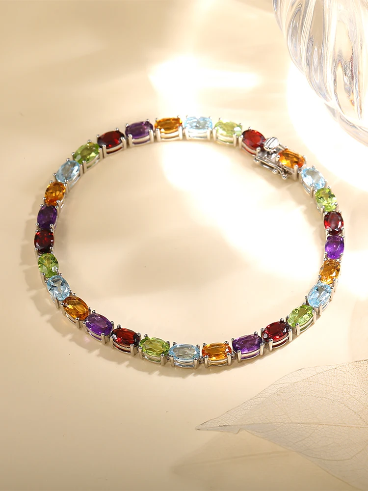 SEASKY Natural Gem Garnet Peridot Amethyst Bracelet for Women Genuine 925 Silver Bracelet Mixed Color Charm Fine Jewelry Gifts