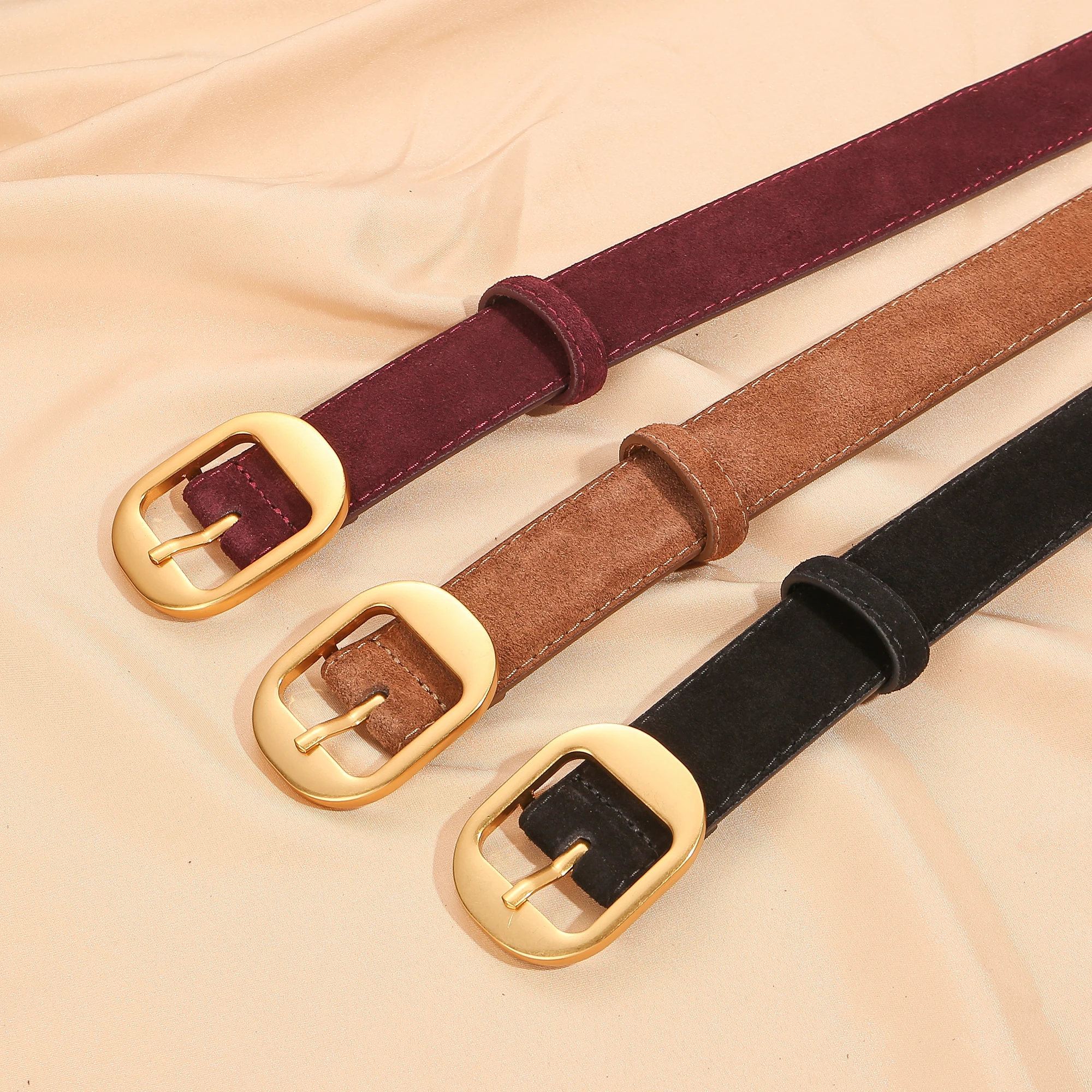 Sabuk Suede Minimalis untuk Wanita, Kulit Premium, Ikat Pinggang Lebar, Dekorasi Gesper Pin, Musim Gugur 2025, Sabuk Jeans Elastis