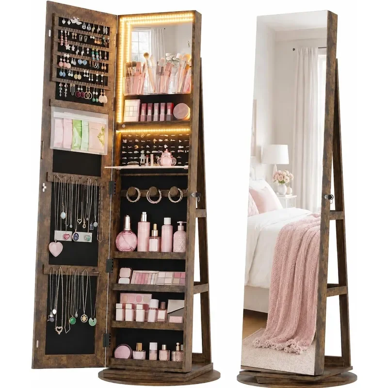 360 Swivel Mirror Jewelry Cabinet 3 LED Lights Lockable Brown