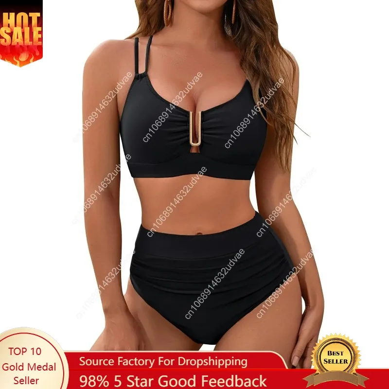 

Женский раздельный купальник BMJL с высокой талией, скрывающий живот, с вырезами, перекрестными лямками и рюшами