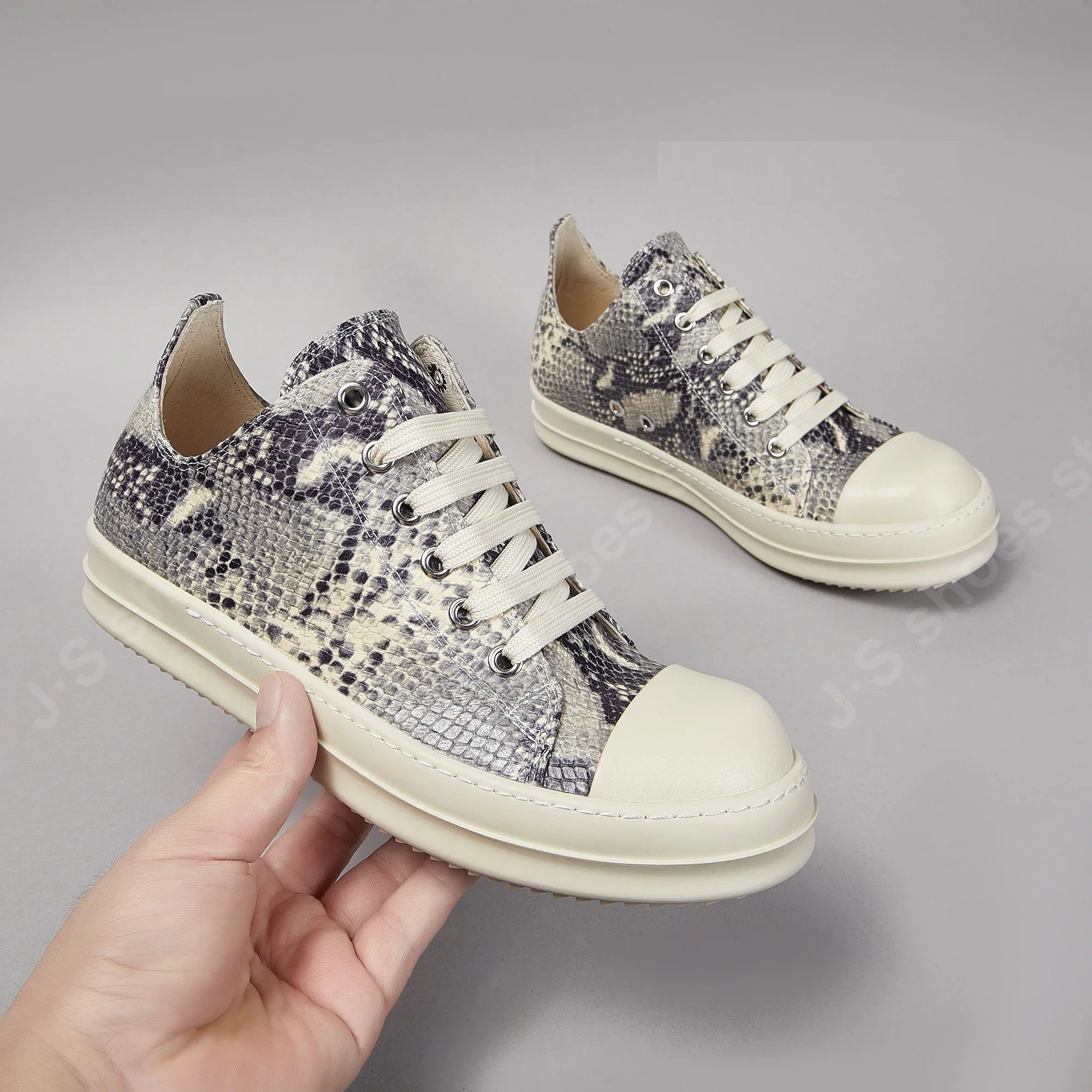 Ricks Men Shoe Python print Grey Leather Low Top Shoe Lace Up Owens Women Sneaker Casual Shoe Owens Thick Sole Shoes Sneakers