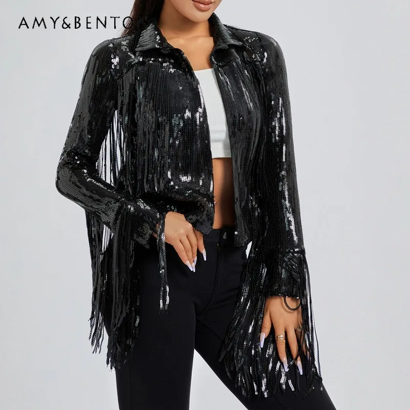 

Women's Clothes Casual Jacket 2024 Spring European American Style New Sequined Tassel Long Sleeved Coat Sequin Top With Lining