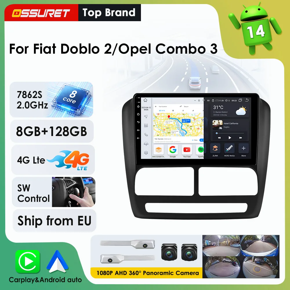 9"7862 AI Voice Carplay Android Autoradio für Fiat Doblo 2010 - 2014 für Opel Combo 2011 - 2018 Multimedia-Videoplayer GPS-Navigation Stereo-Audio 2DIN 360-Grad-Kamera Haupteinheit RDS DSP 4G Wifi BT