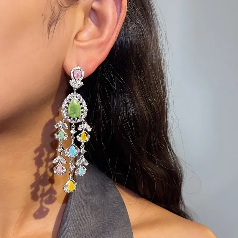 Exotic color treasure, water drop fringed earrings, light luxury, high-end feeling, full of diamond studs, heavy industry