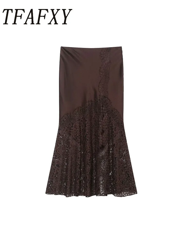 กระโปรงยาวทรงเอวสูงผ้าซาตินแต่งลูกไม้สีพื้นสำหรับผู้หญิงแฟชั่นฤดูใบไม้ร่วงปี 2025 สไตล์หรูหราสำหรับงานปาร์ตี้ Y2K