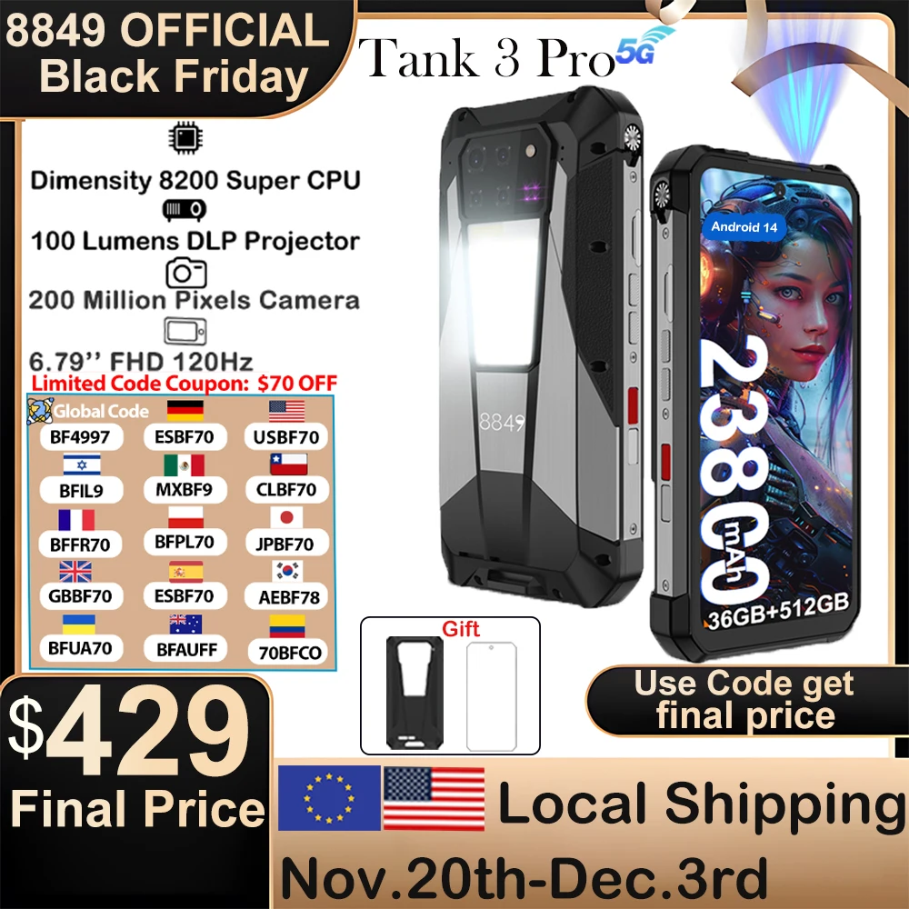 8849 Tank 3 Pro Unihertz Robuuste smartphone 5G met 100 lumen projector 32/36 GB 512 GB 23800 mAh Android 14 mobiele telefoons Dual Sim