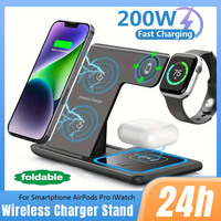 200W 3 in 1 Wireless Charger Stand Pad Foldable Fast Charging Station For iPhone 16 15 14 13 12 11 Apple Watch 9 Airpods 4 Pro 3