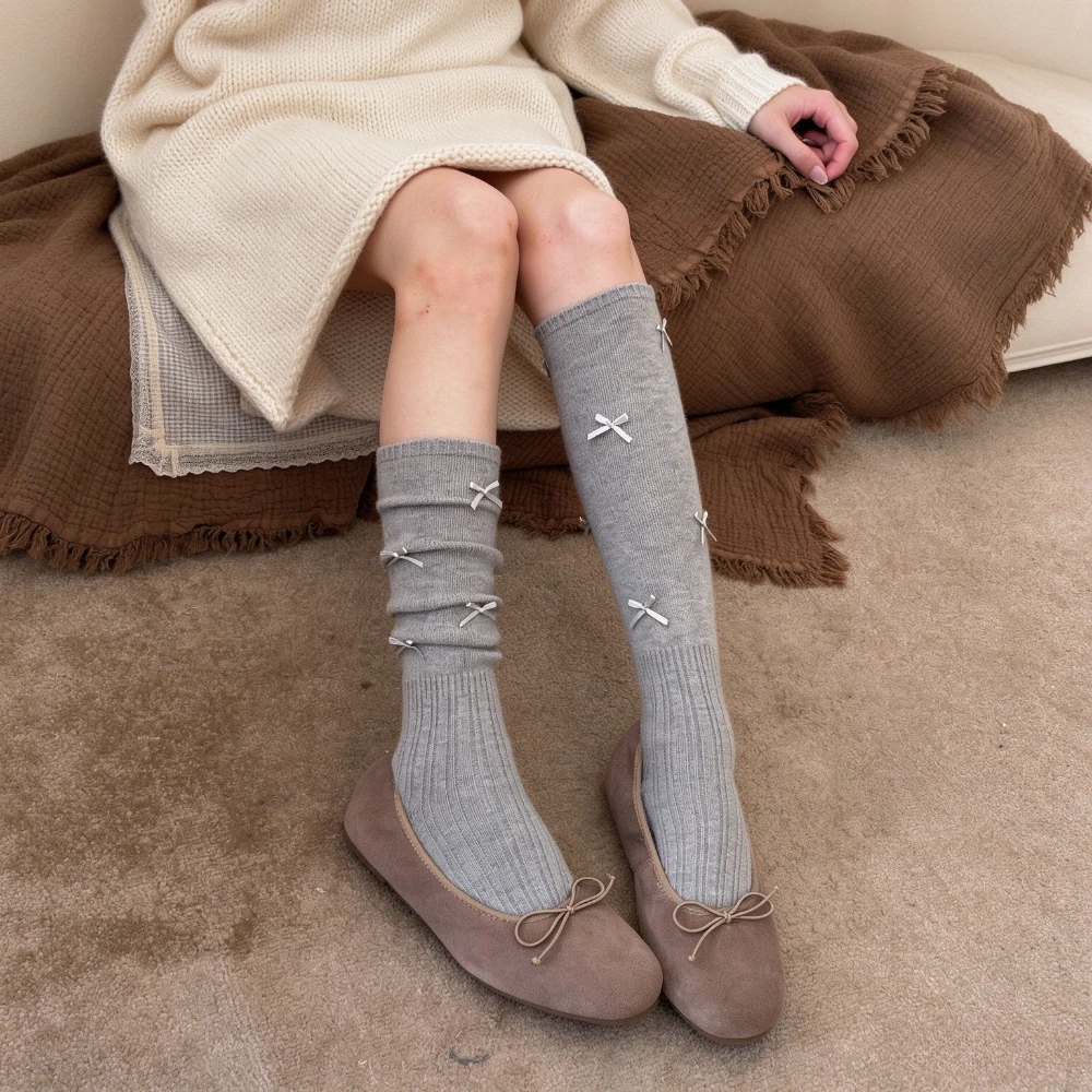 2026 New Autumn and Winter Warm Socks Women Ballet Style Bow Mulberry Silk Wool Medium Tube Socks Soft Thickened Warm Long Socks