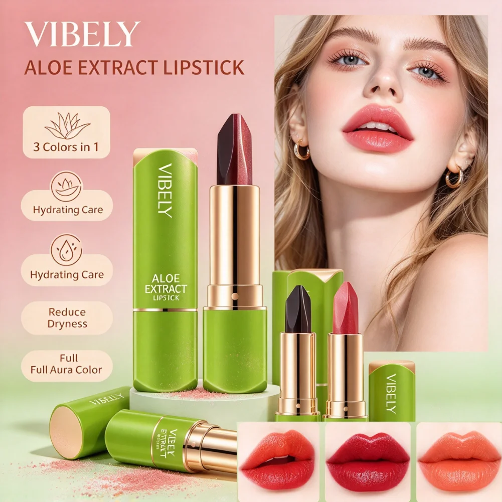 VIBELY Aloe Extract 3 Colors In 1 Lipstick Temperature Activated Moisturizing Long-Wearing Full Lip Color Lip Makeup