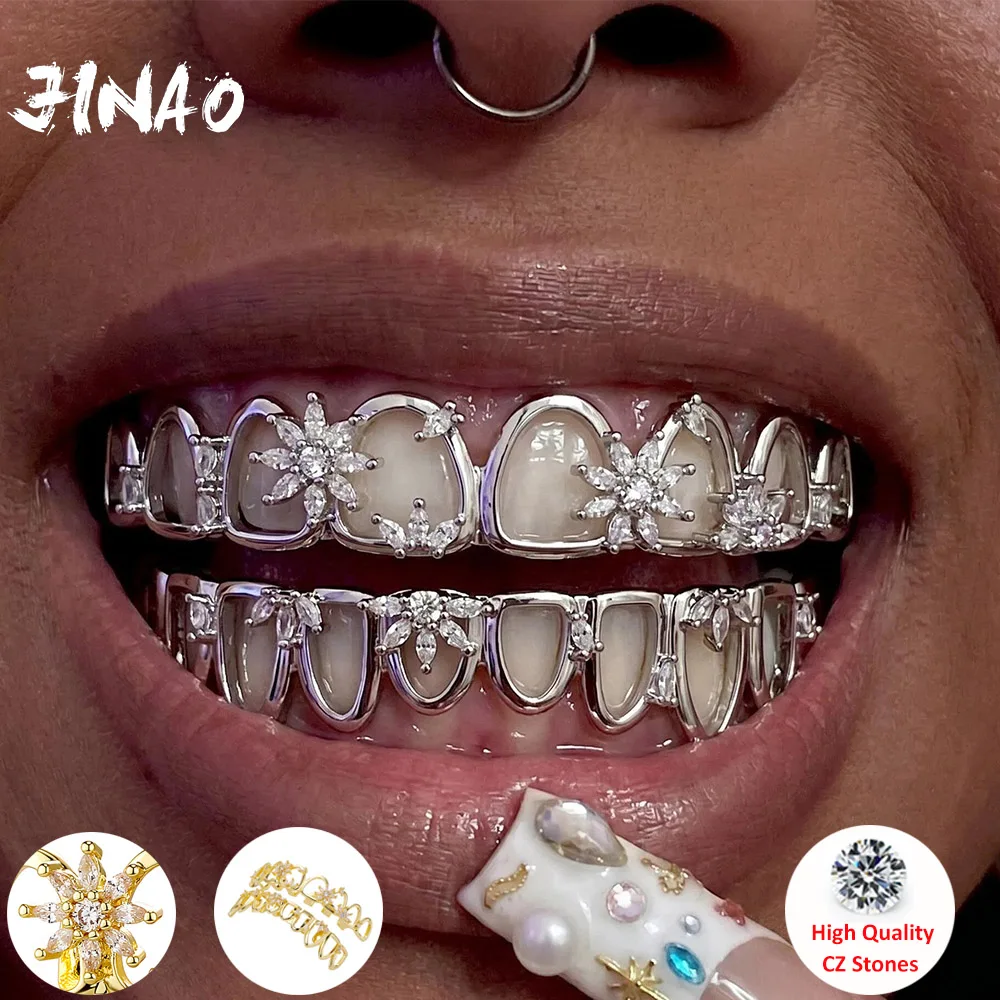 JINAO Hip Hop Iced CZ Hollow Lucky Flower 8 Teeth Lady‘s Grillz Set Women Top & Bottom Shiny Star Grill Punk Rapper Christmas