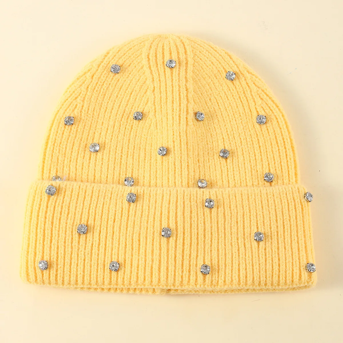 Winter Gestrickte Beanie Frauen Mode Strass Perlen Stricken Hüte Damen Casual Skullies Kappe Weibliche Einfarbig Casual Knochen – Detail 12