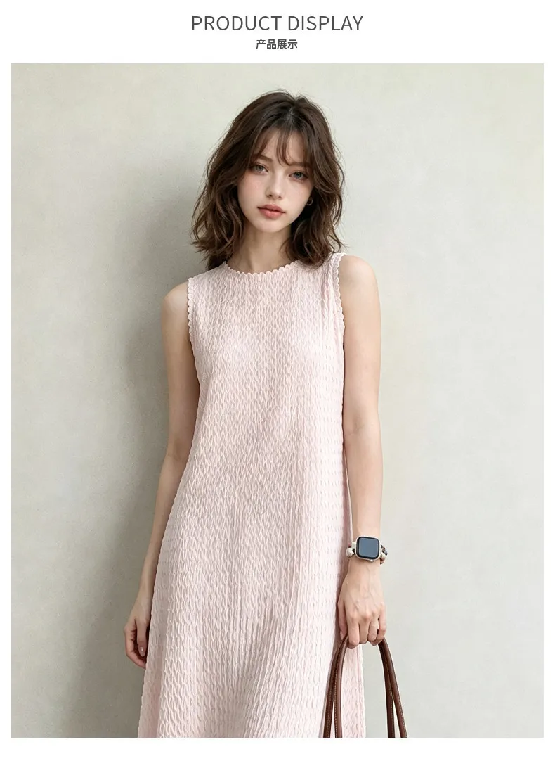 Miyake Plissee-Kleid, Damen, ärmelloses Midikleid, strukturiert, lockere Passform, elegant, lässig, Sommermode, Vintage-Stil, schicker Look – Detail 5
